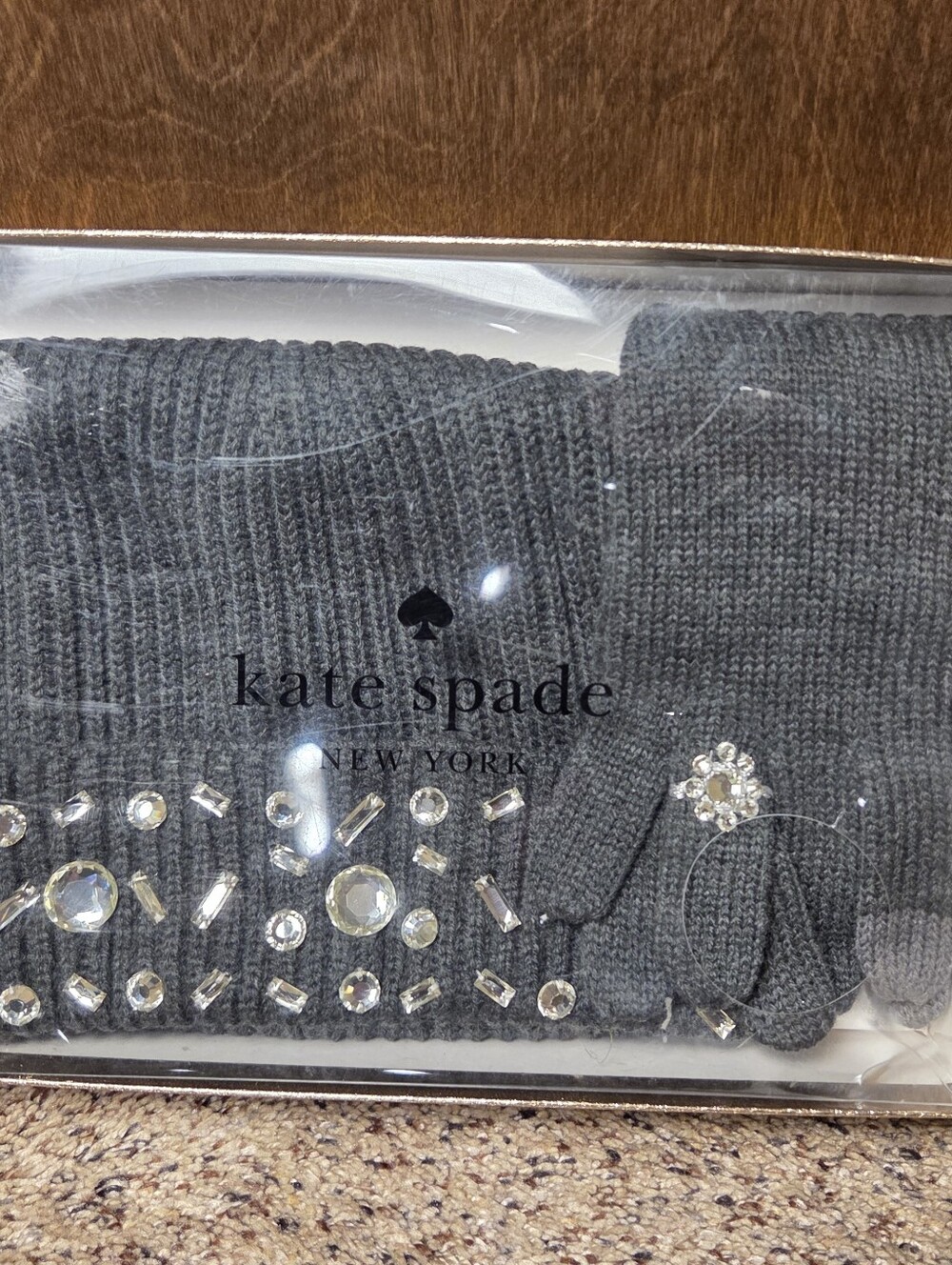 Kate Spade Gray Knit Hat & Glove Set with Crystal Embellishments NWT